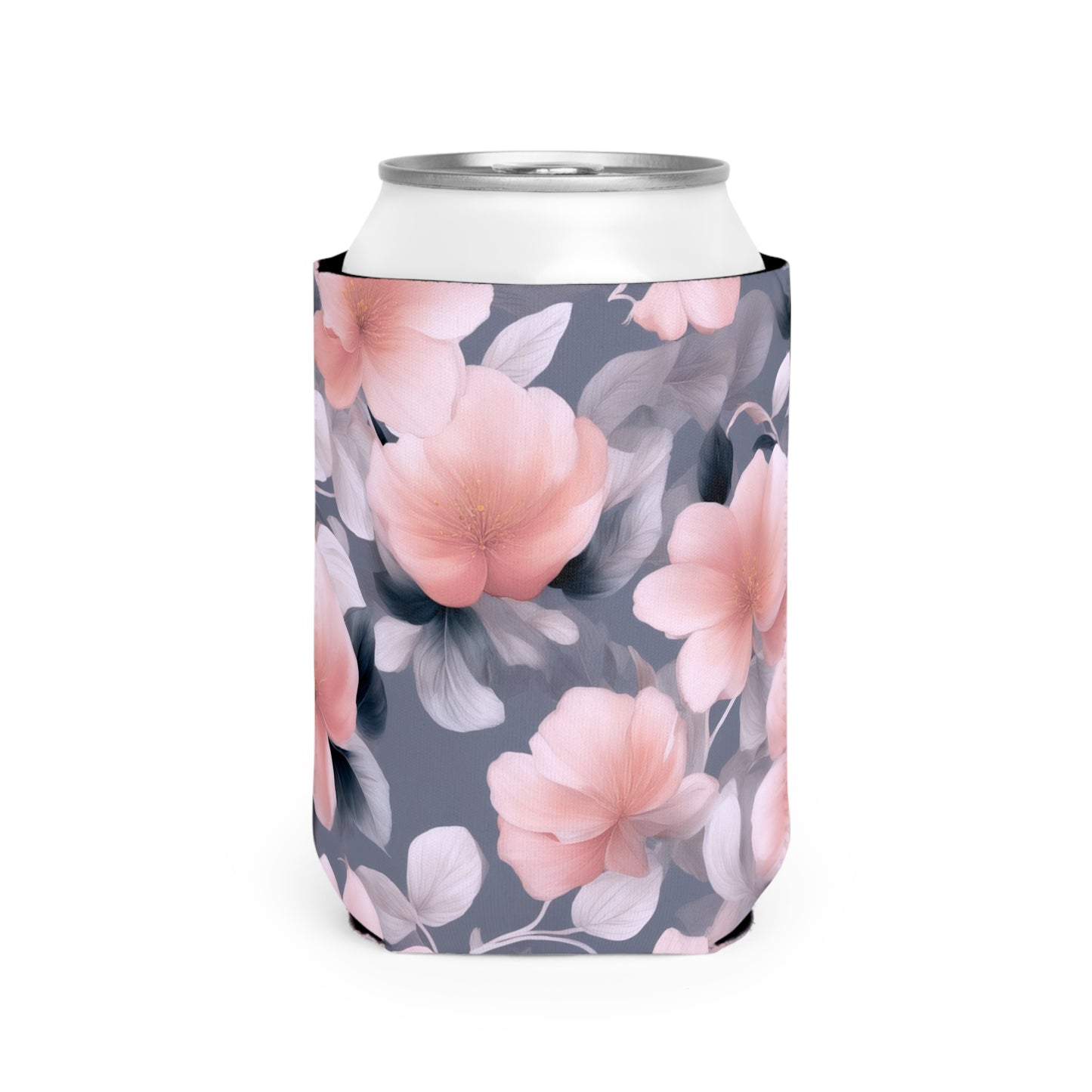 Peach and Blue Gray Floral Bunch 12 oz Can Cooler Sleeve
