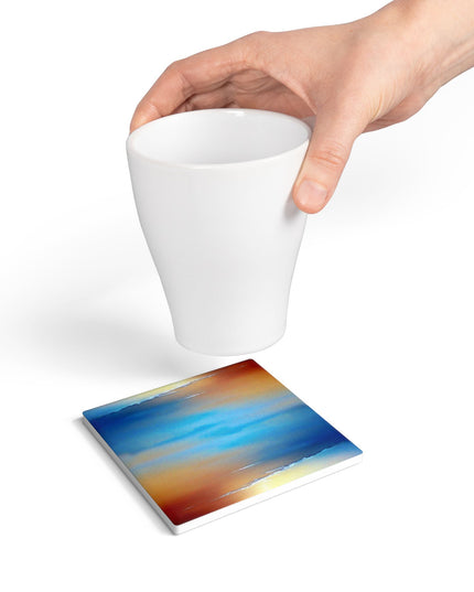 Blue Sea Red Orange Fog 4" x 4" Square Ceramic Coaster