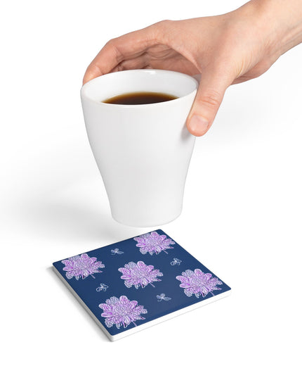 Purple White Floral Butterflies 4" x 4" Square Ceramic Coaster