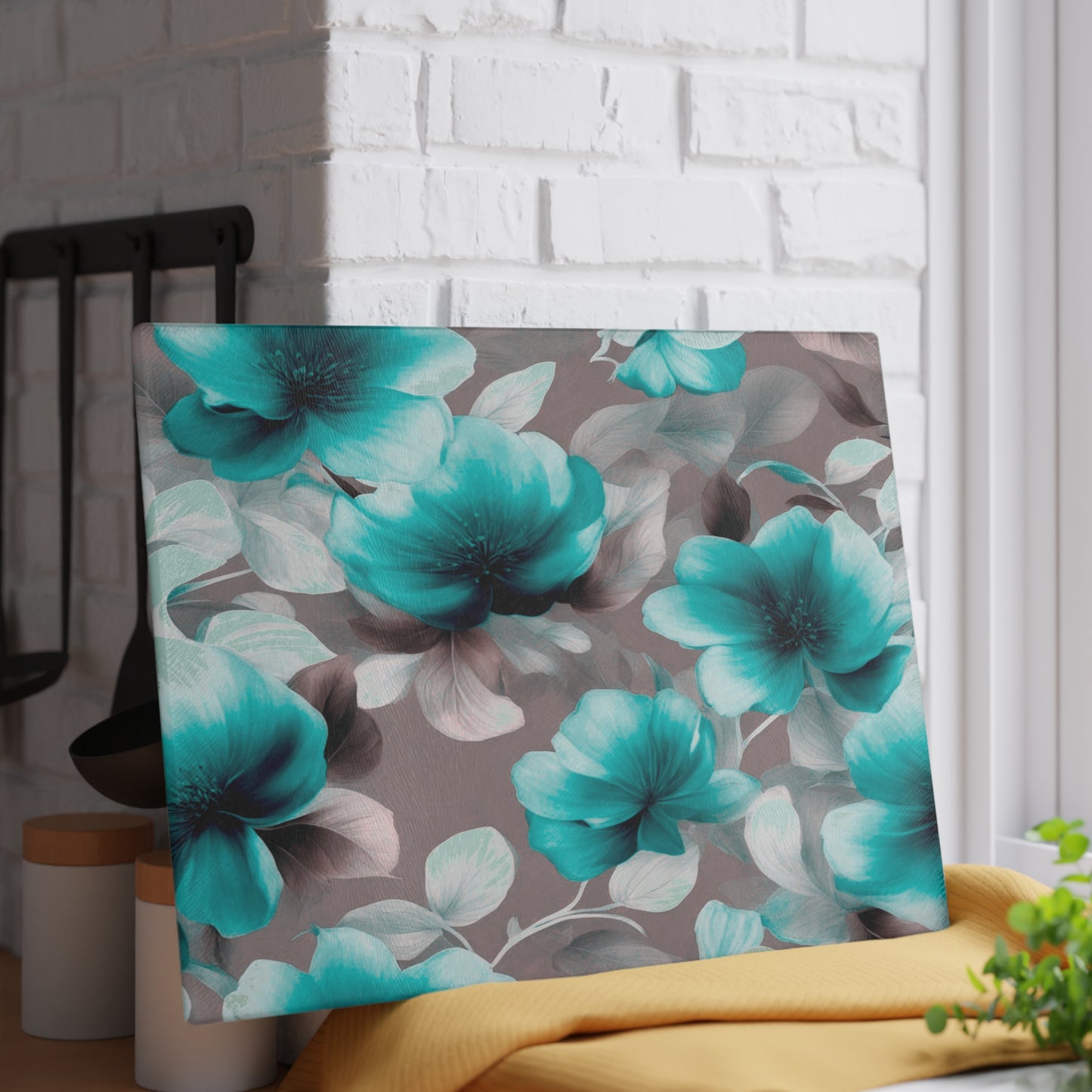 Tif Green Gray Floral Bunch Glass Cutting Board, 11" x 15"