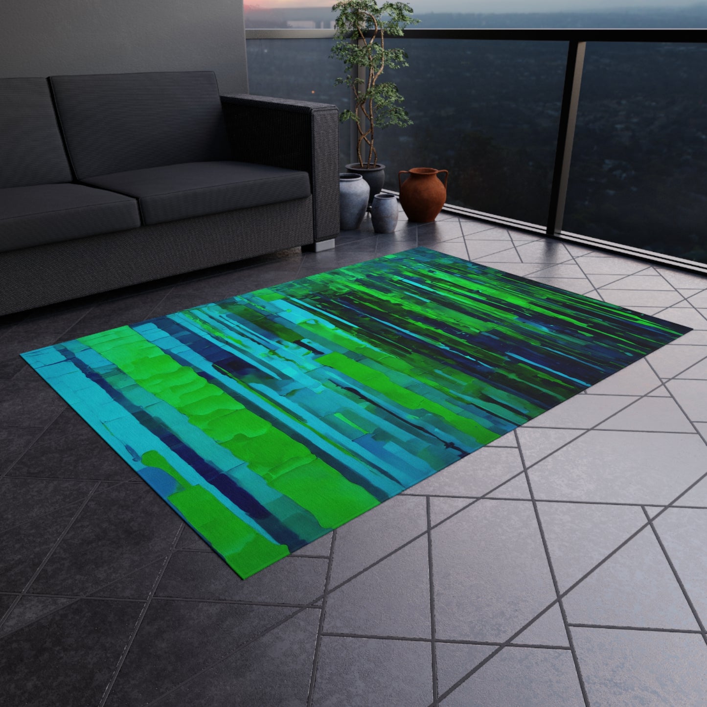 Striped Blue Green Outdoor Rug, 60" x 84"