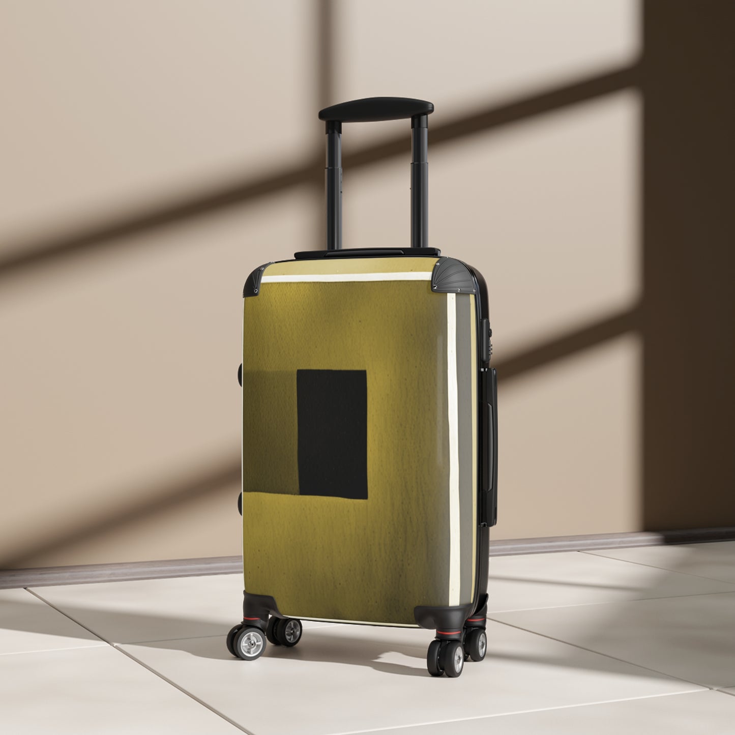 Tan Shadow Small Suitcase with built in lock, 4 double-wheels, telescopic handle, and ABS back hard-shell
