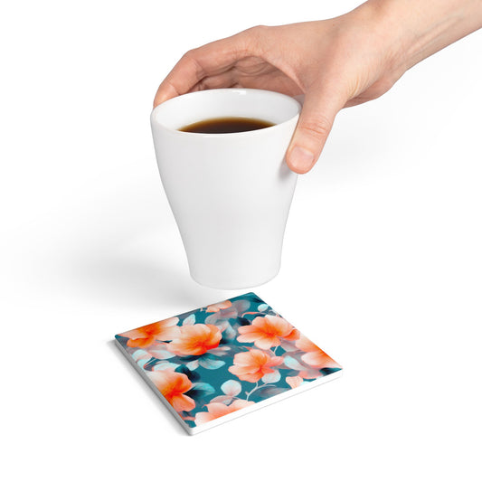Orange Blossom Floral Bunch Square Ceramic Coaster, 4" x 4"