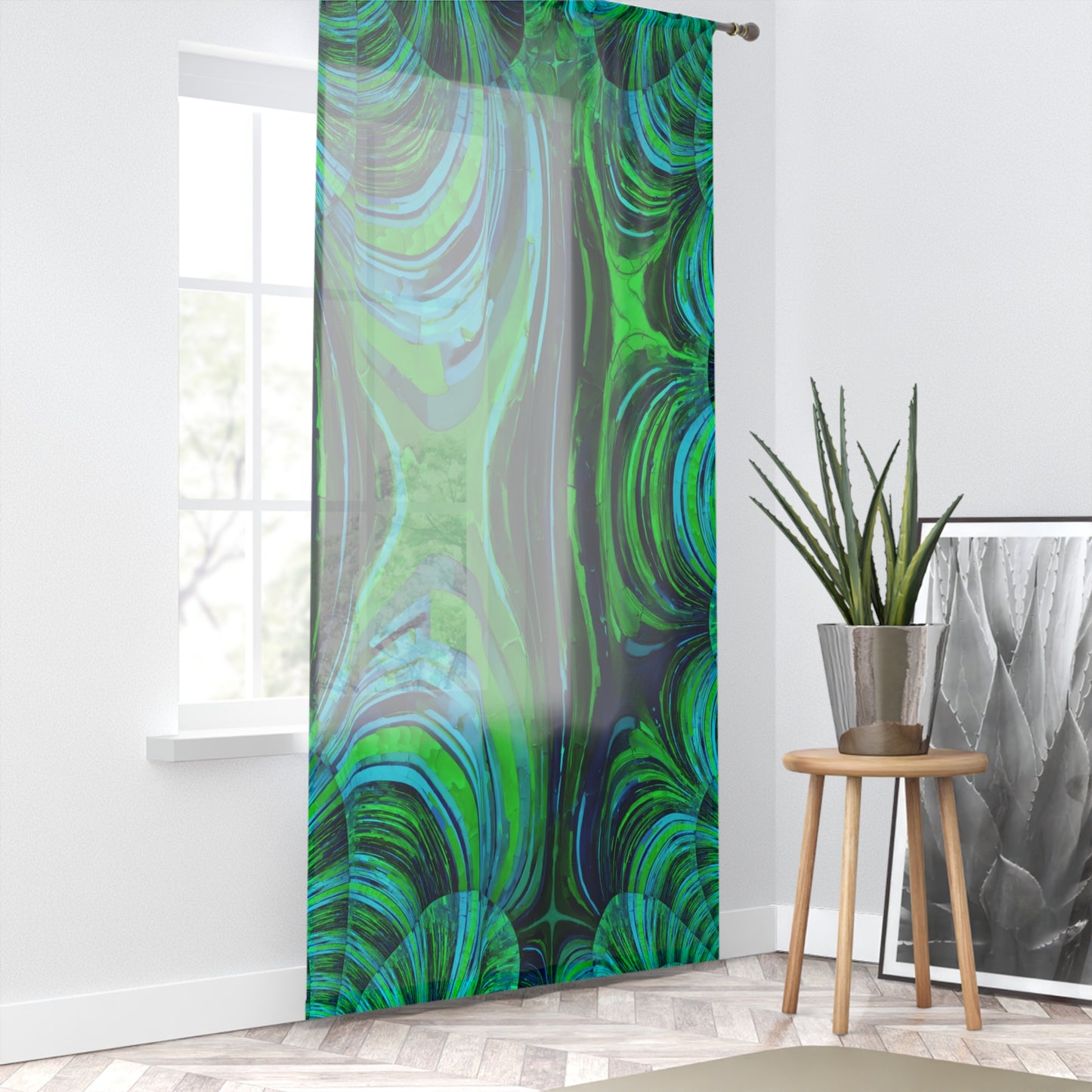 Uzi Spiral Blue Green Sheer Window Curtain, 50" x 84", partially transparent