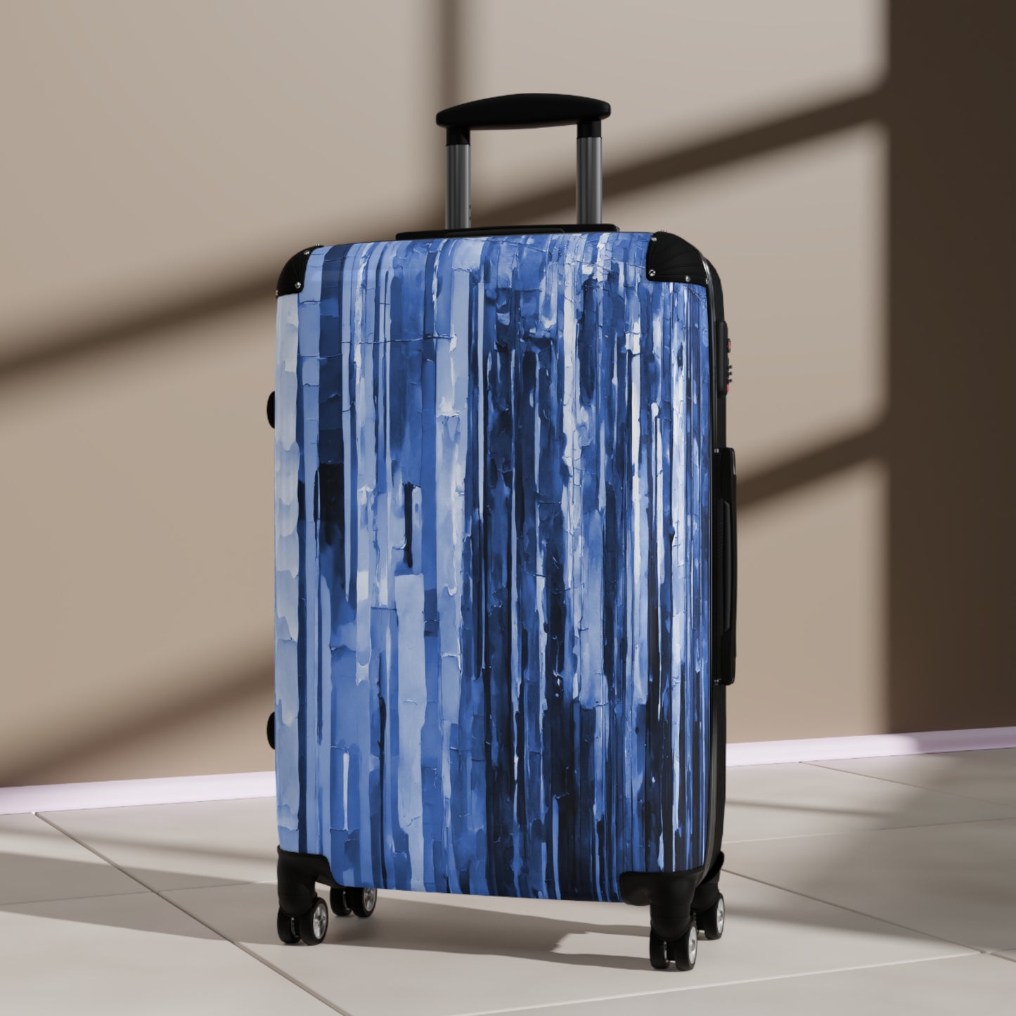 Striped Deep Blue Medium Suitcase with built in lock, 4 double-wheels, telescopic handle, and ABS back hard-shell