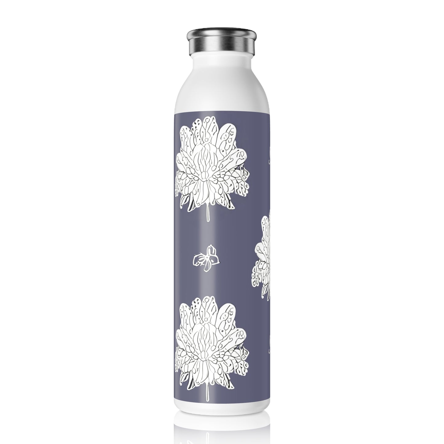 White Floral Butterflies Slim Water Bottle, 20 oz White