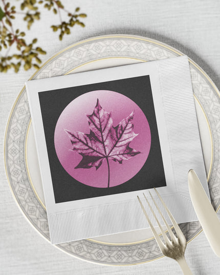 Magenta Maple Leaf White Coined Napkins, 6.5" x 6.5"