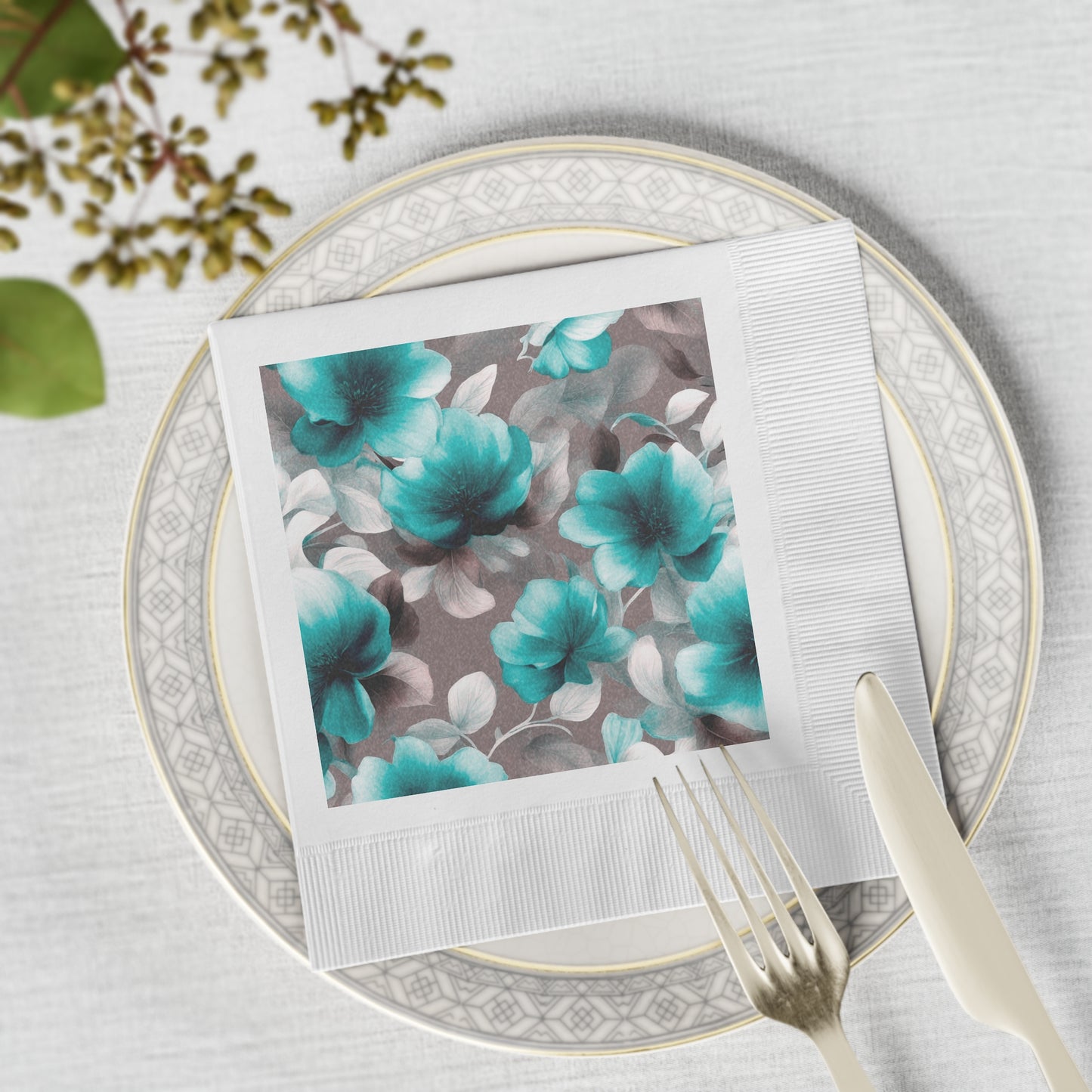 Tif Green Gray Floral Bunch White Coined Napkins, 6.5" x 6.5"