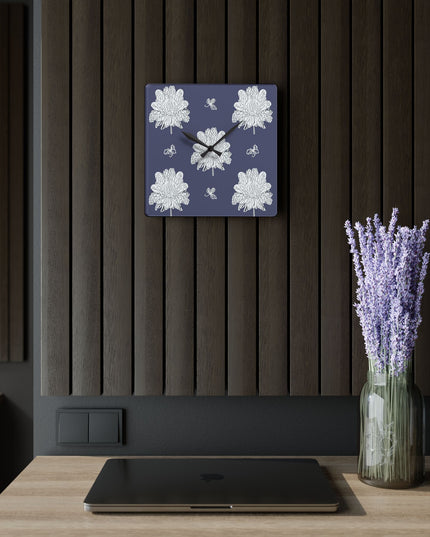 White Floral Butterflies Acrylic Wall Clock, Round or Square, 10.75" x 10.75"