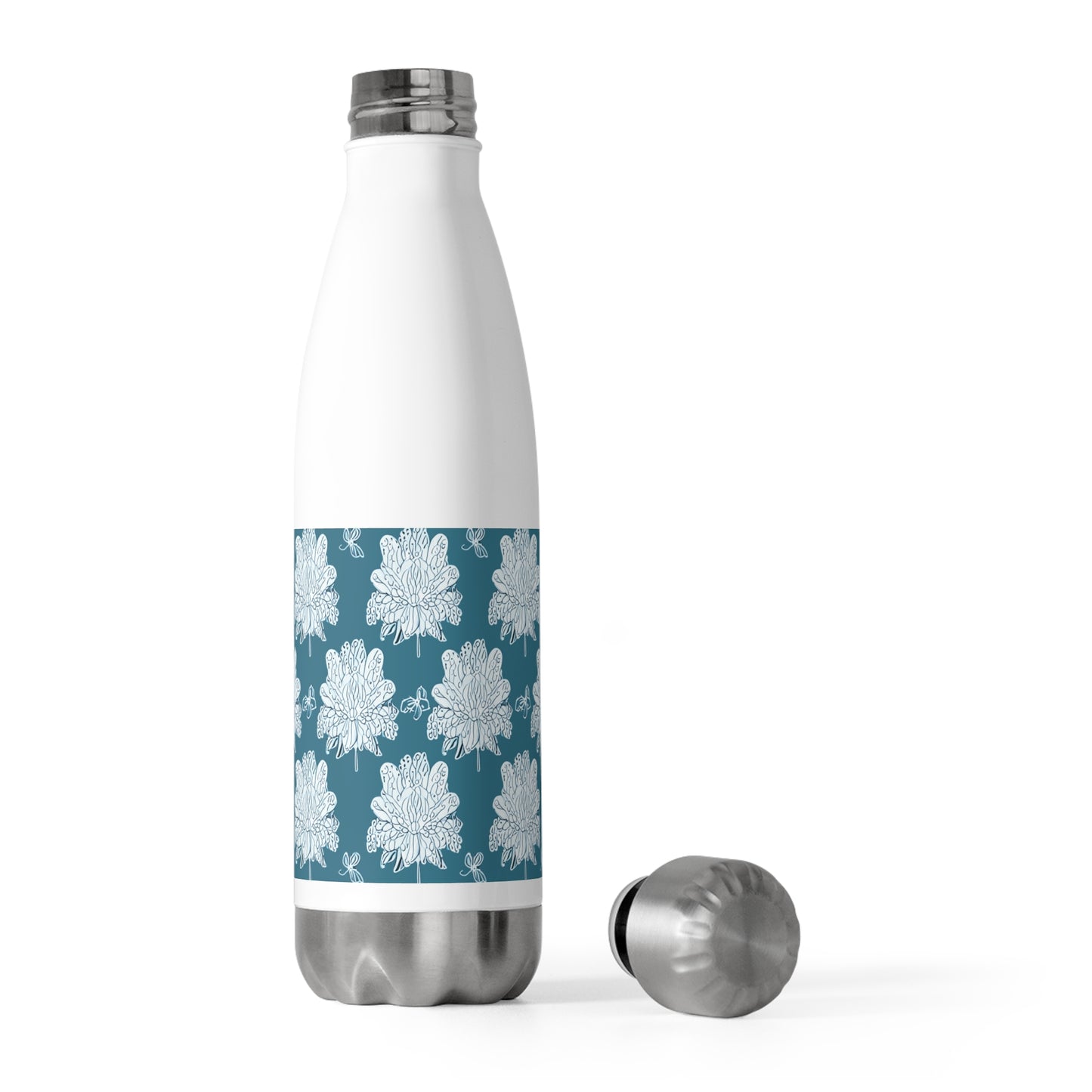 Tif Green White Floral Butterflies 20oz Insulated Water Bottle
