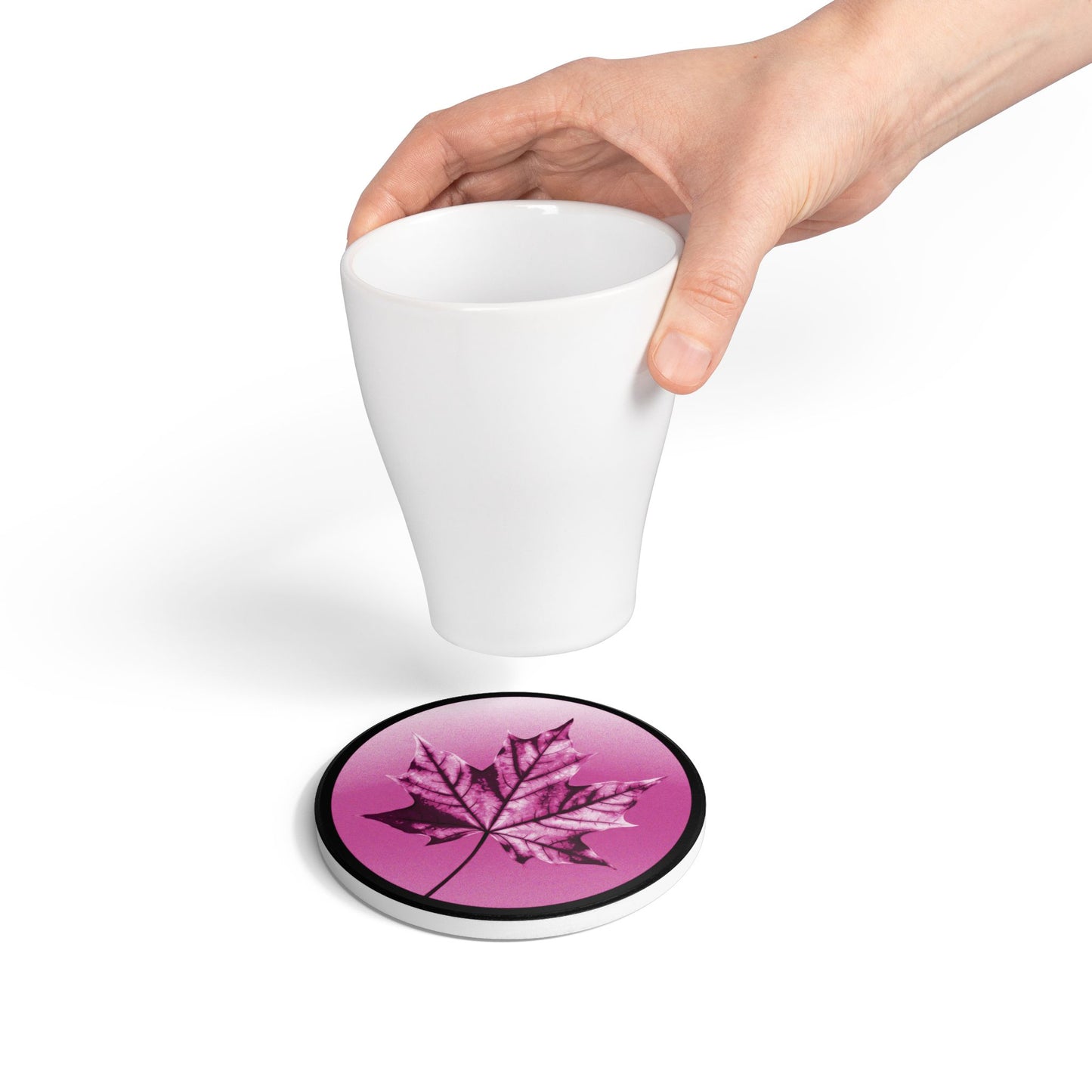 Magenta Maple Leaf 4" x 4" Round Ceramic Coaster