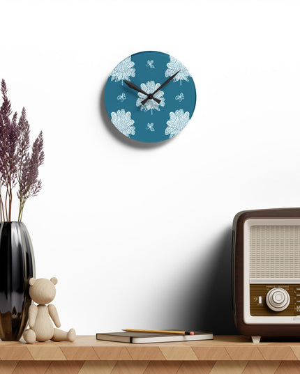 Tif Green White Floral Butterflies Acrylic Round Wall Clock, 8" x 8"