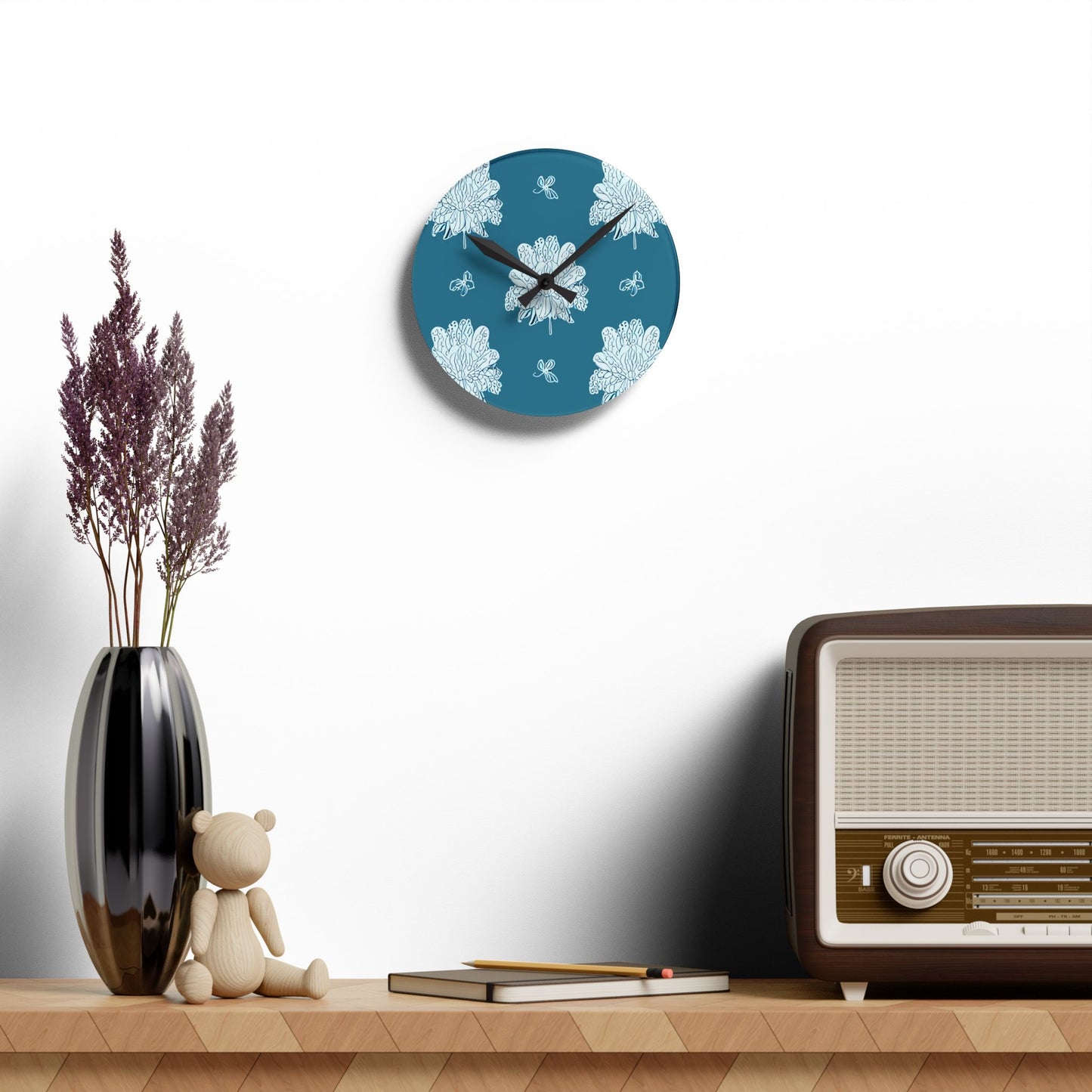 Tif Green White Floral Butterflies Acrylic Round Wall Clock, 8" x 8"
