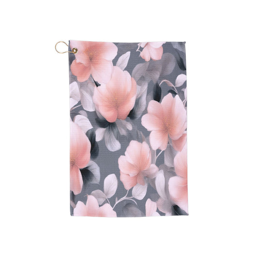 Peach and Blue Gray Floral Bunch Golf Towel, 16" x 24"