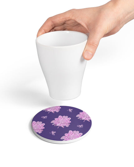 Magenta Floral Butterflies 4" x 4" Round Ceramic Coaster
