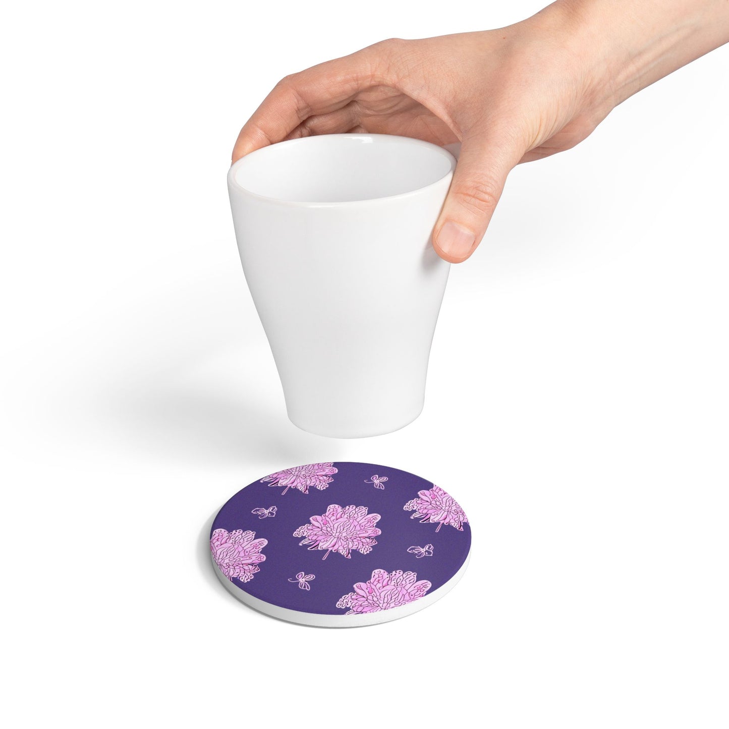 Magenta Floral Butterflies 4" x 4" Round Ceramic Coaster