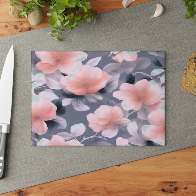 Peach and Blue Gray Floral Bunch Glass Cutting Board, 8" x 11"