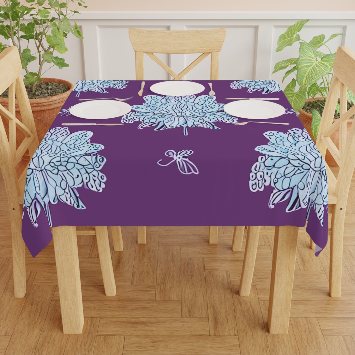 Blue Floral Butterflies Tablecloth, 55" x 55"