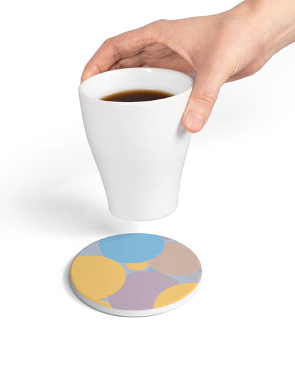 Pastel Baby Blue and Peach Patches 4" x 4" Round Ceramic Coaster