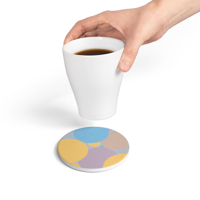 Pastel Baby Blue and Peach Patches 4" x 4" Round Ceramic Coaster