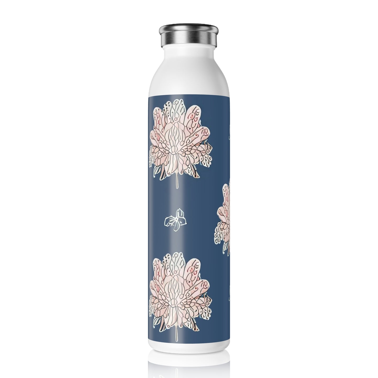 Rose White Floral Butterflies Slim Water Bottle, 20 oz White