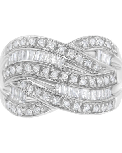 .925 Sterling Silver 1.0 Cttw Channel Set Alternating Round and Baguette Diamond Cross-over Bypass Ring Band (I-J Color, I2-I3 Clarity)