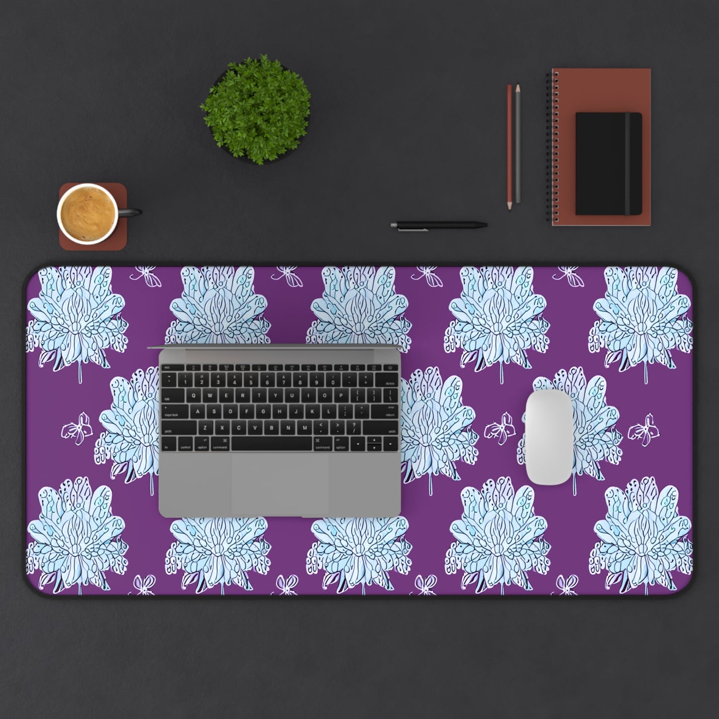 Blue Floral Butterflies 16" x 32" Desk Mat