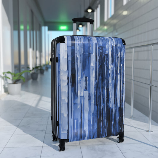 Striped Deep Blue Large Suitcase with built in lock, 4 double-wheels, telescopic handle, and ABS back hard-shell