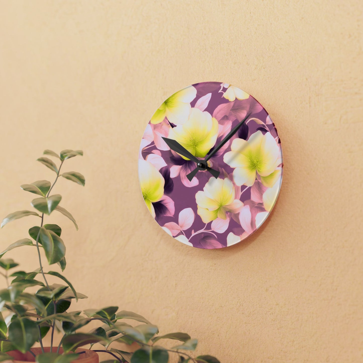 Lemon Blossom Floral Bunch Acrylic Round Wall Clock, 8" x 8"