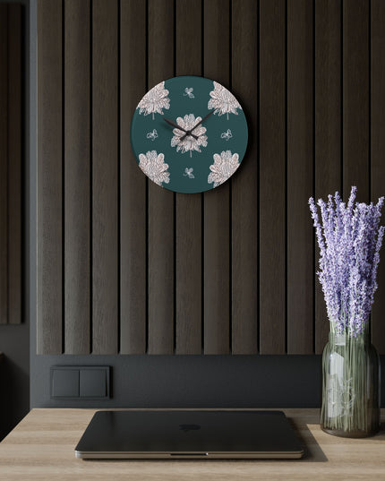 Soft White Floral Butterflies Acrylic Wall Clock, Round or Square, 10.75" x 10.75"