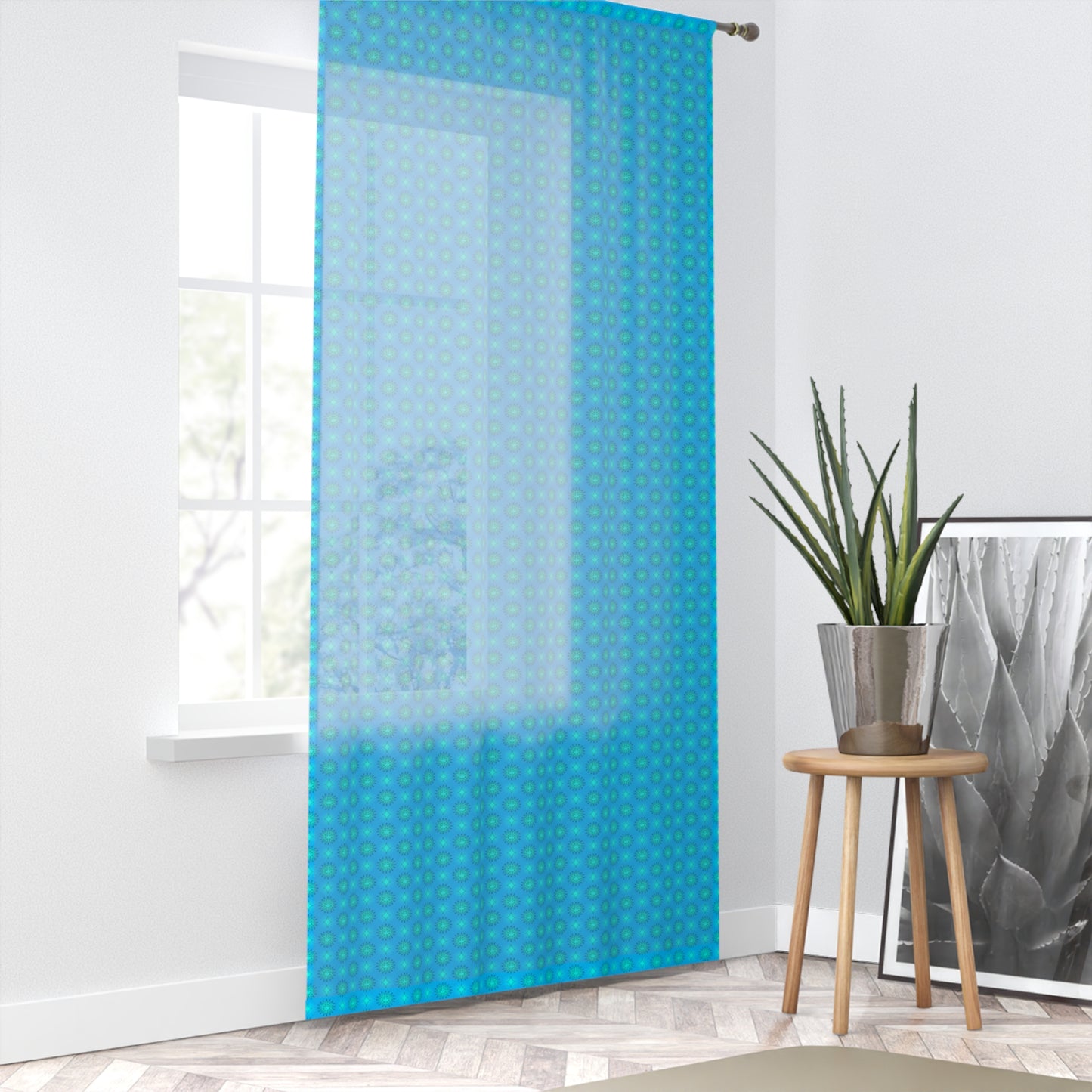 Light Blue Star-crossed Bodies Sheer Window Curtain, 50" x 84", partially transparent