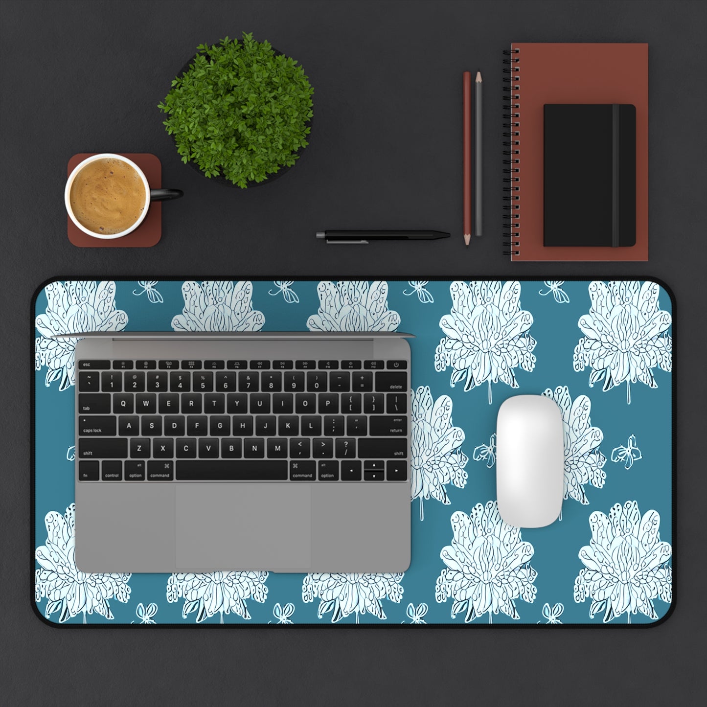 Tif Green White Floral Butterflies 12" x 22" Desk Mat