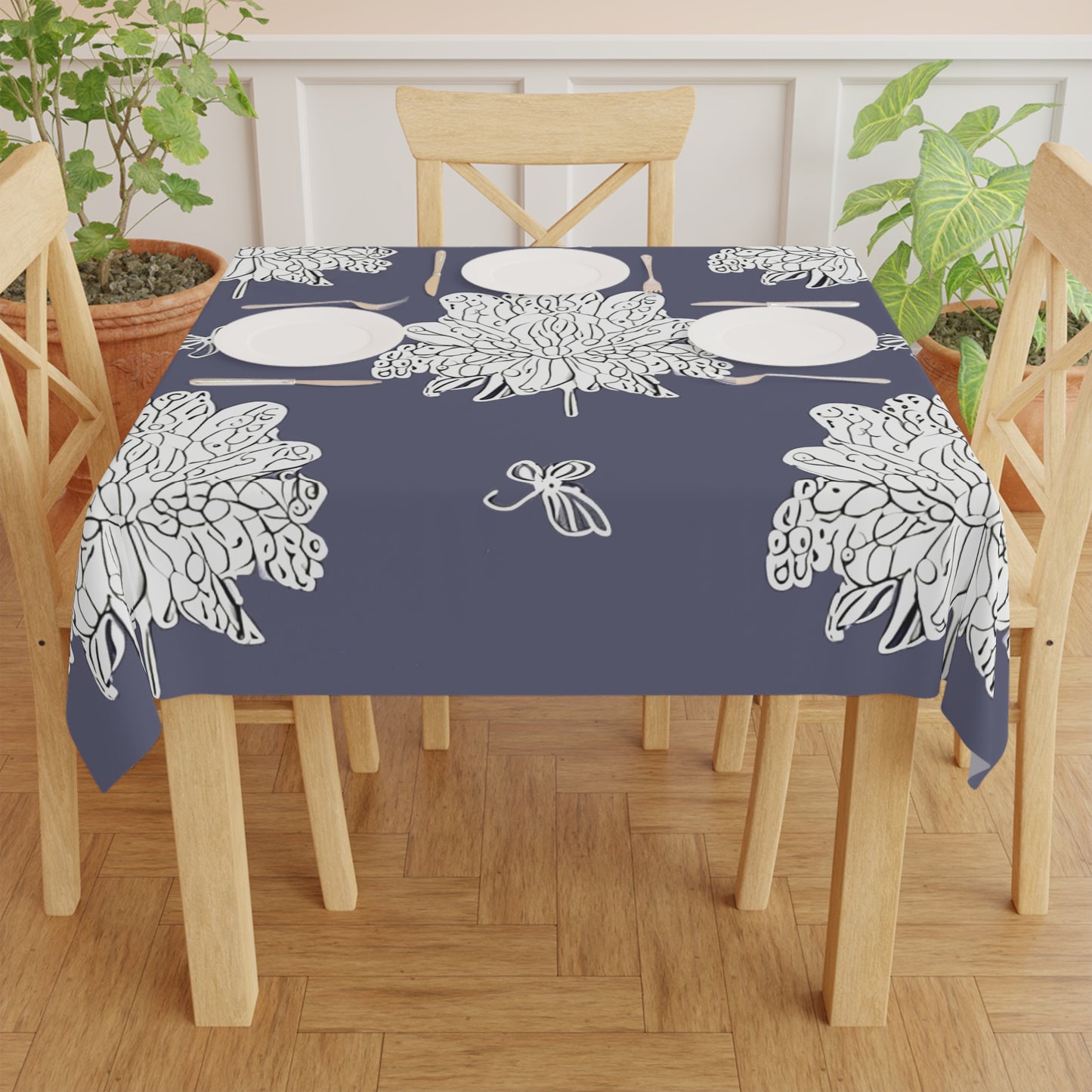 White Floral Butterflies Tablecloth, 55" x 55"