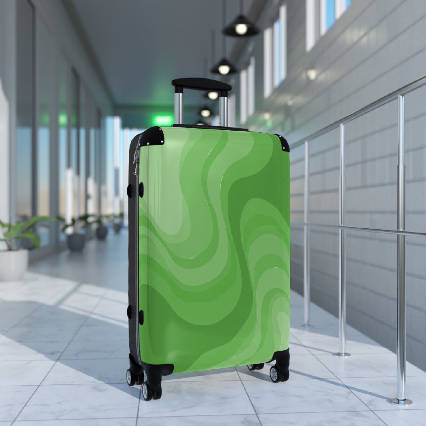 Greenie Meanie Wavey Medium Suitcase with built in lock, 4 double-wheels, telescopic handle, and ABS back hard-shell