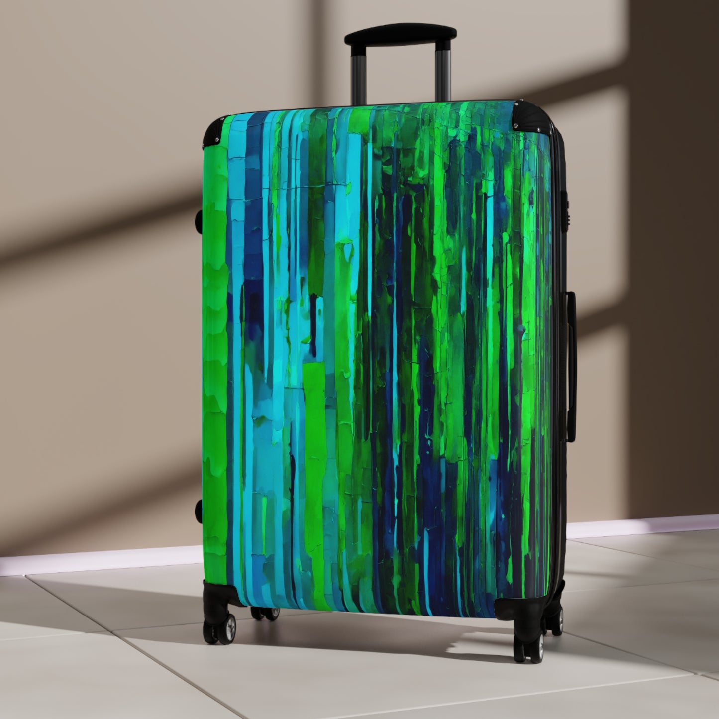 Striped Blue Green Large Suitcase with built in lock, 4 double-wheels, telescopic handle, and ABS back hard-shell