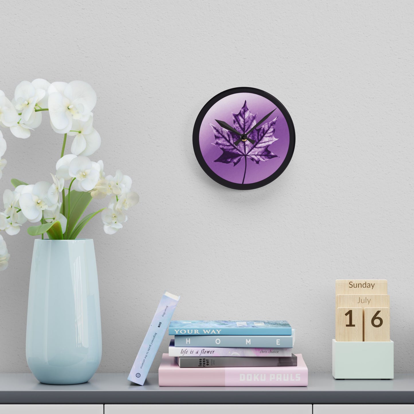 Purple Maple Leaf Acrylic Round Wall Clock, 8" x 8"