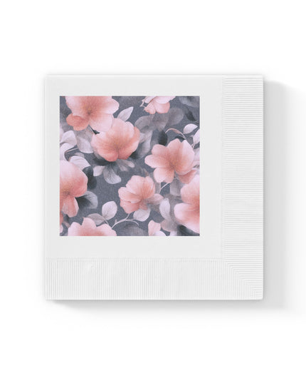 Peach and Blue Gray Floral Bunch White Coined Napkins, 4.8" x 4.8"