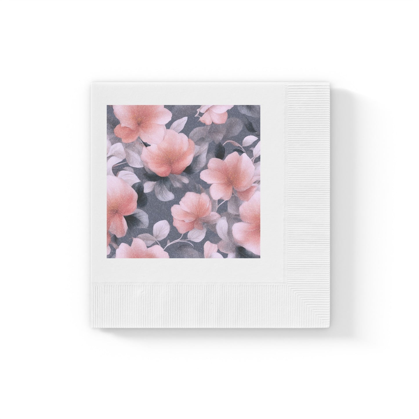 Peach and Blue Gray Floral Bunch White Coined Napkins, 4.8" x 4.8"