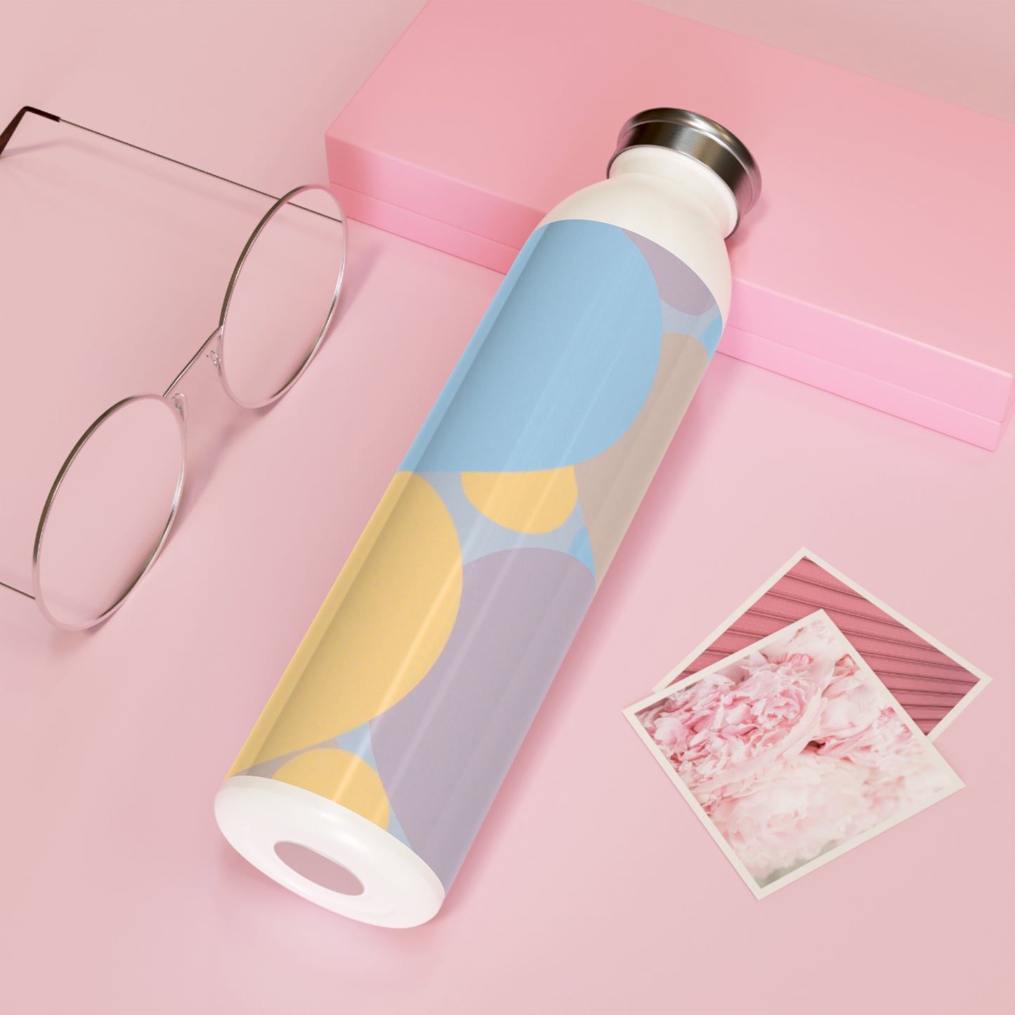 Pastel Baby Blue and Peach Patches Slim Water Bottle, 20 oz White