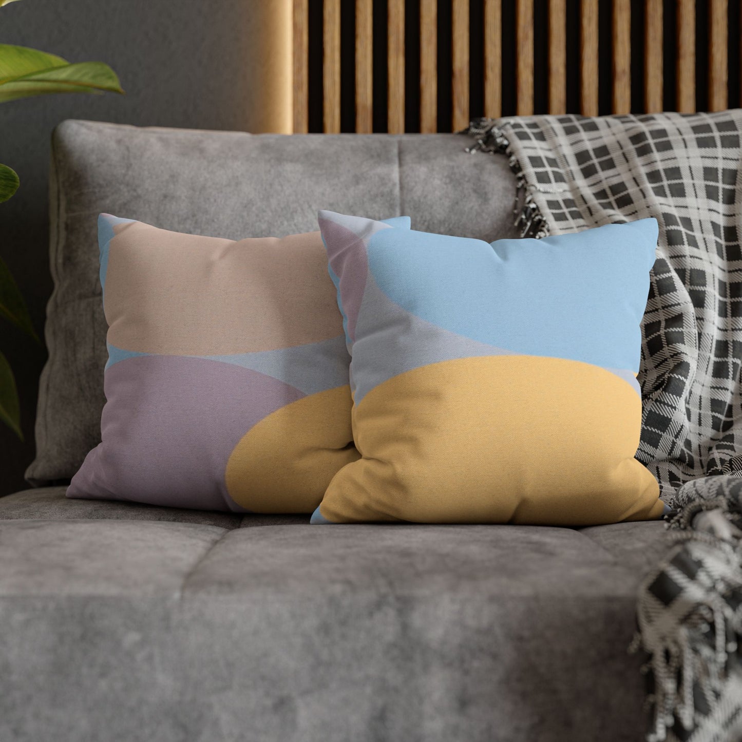 Pastel Baby Blue and Peach Patches Spun Polyester Square Pillowcase, 14" x 14"