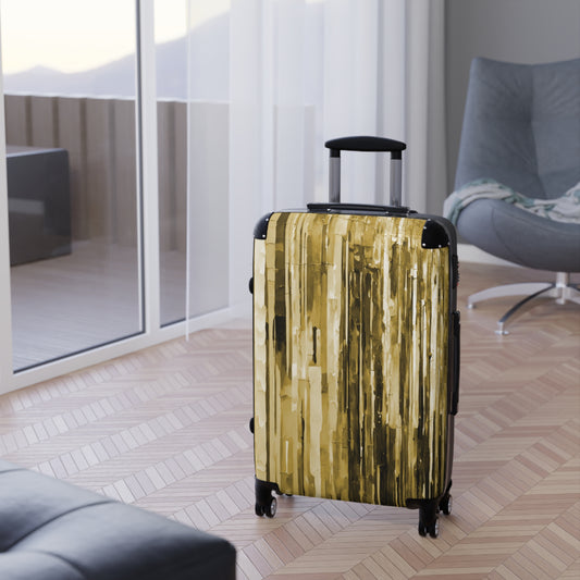 Striped Light Brown Medium Suitcase with built in lock, 4 double-wheels, telescopic handle, and ABS back hard-shell