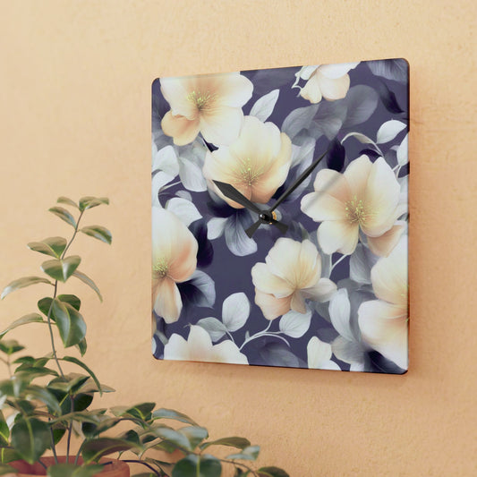 White Blush Floral Bunch Acrylic Wall Clock, Round or Square, 10.75" x 10.75"