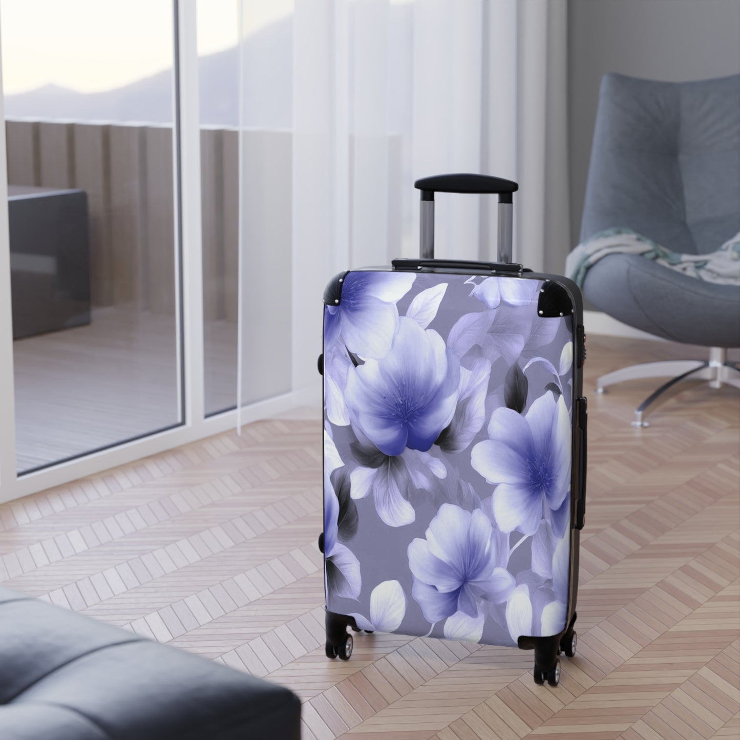 Indigo Blossom Floral Bunch Medium Suitcase with built in lock, 4 double-wheels, telescopic handle, and ABS back hard-shell