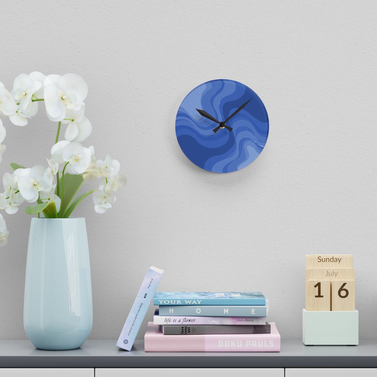 Deep Blue Wavey 8" x 8" Round Acrylic Wall Clock