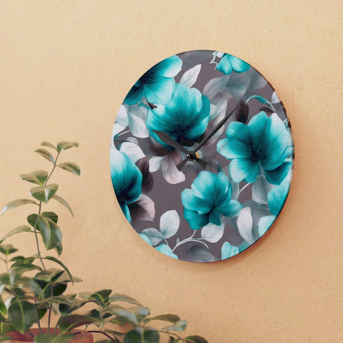 Tif Green Gray Floral Bunch Acrylic Wall Clock, Round or Square, 10.75" x 10.75"