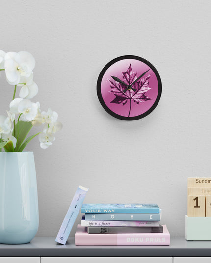 Magenta Maple Leaf Acrylic Round Wall Clock, 8" x 8"