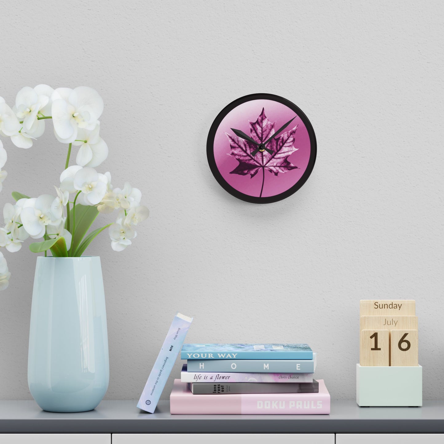 Magenta Maple Leaf Acrylic Round Wall Clock, 8" x 8"
