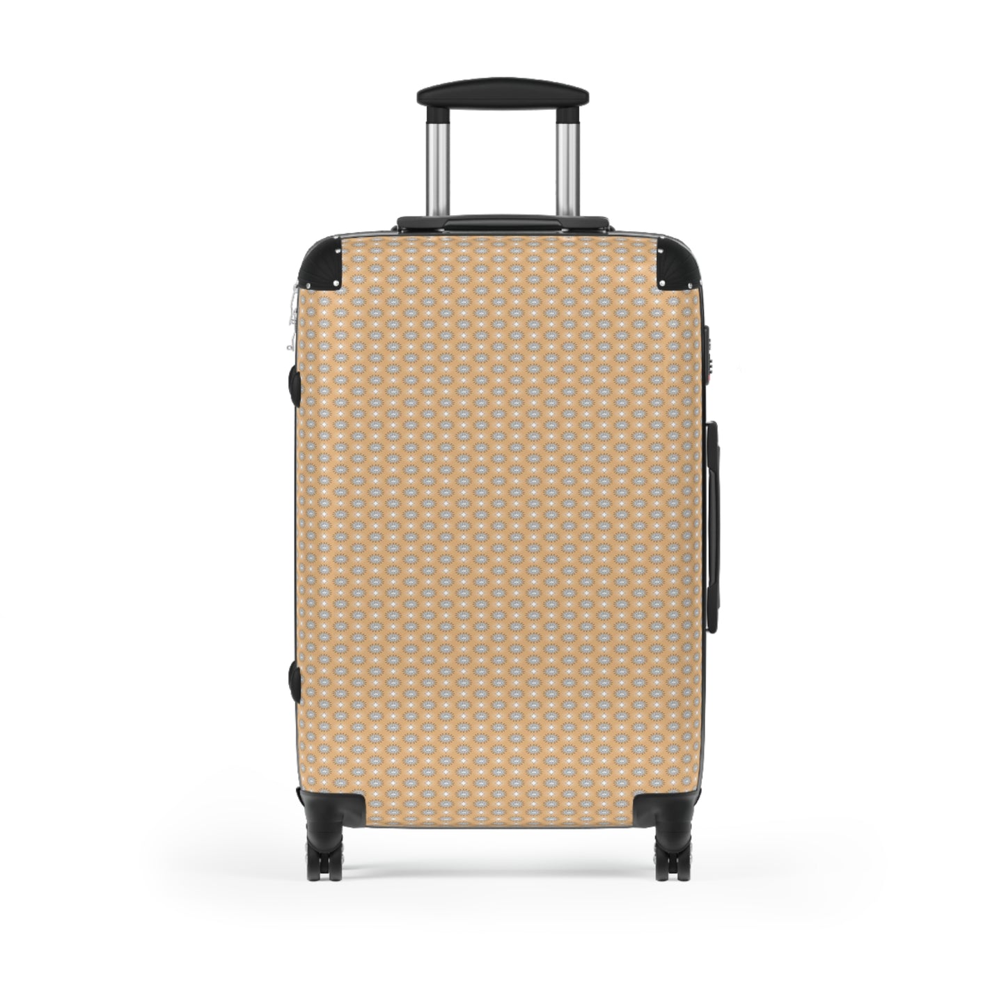 Tan Sunset Star-crossed Bodies Medium Suitcase with built in lock, 4 double-wheels, telescopic handle, and ABS back hard-shell