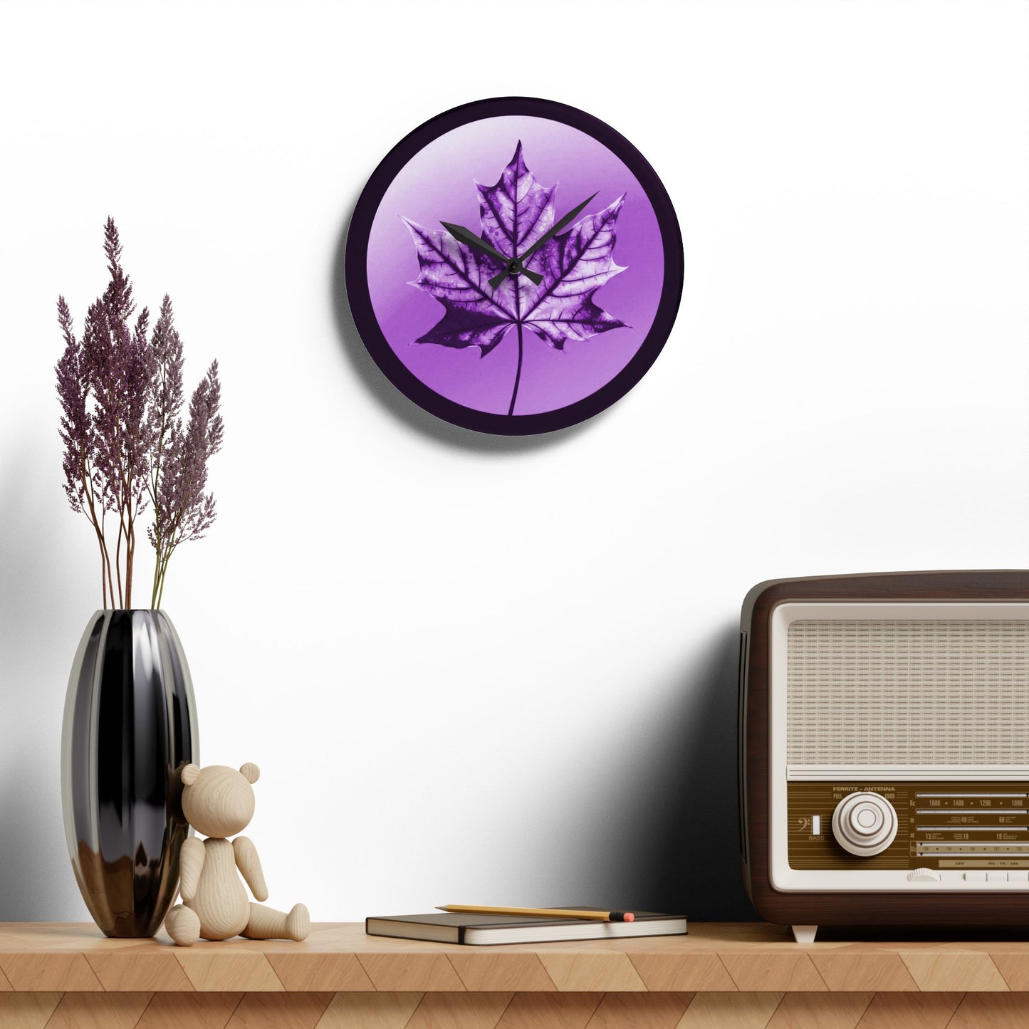 Purple Maple Leaf Acrylic Wall Clock, Round or Square, 10.75" x 10.75"