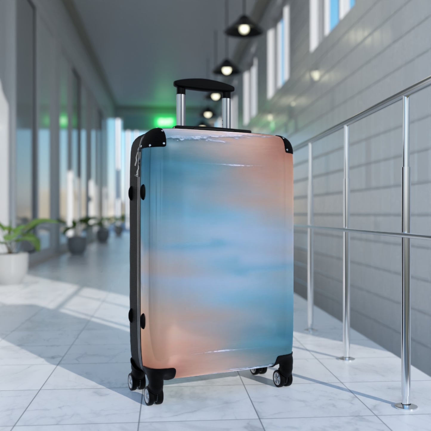 Blue Sea Peach Fog Medium Suitcase with built in lock, 4 double-wheels, telescopic handle, and ABS back hard-shell